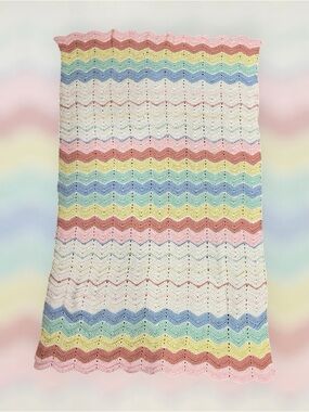 Hand Crocheted Soft Knitted Pastel Baby Blanket Throw Afghan 51”x 31” Unisex
